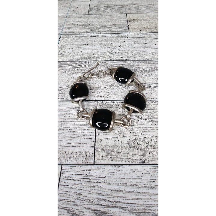Handmade Silver Tone Square Onyx Black Art Glass Reversible Link Bracelet